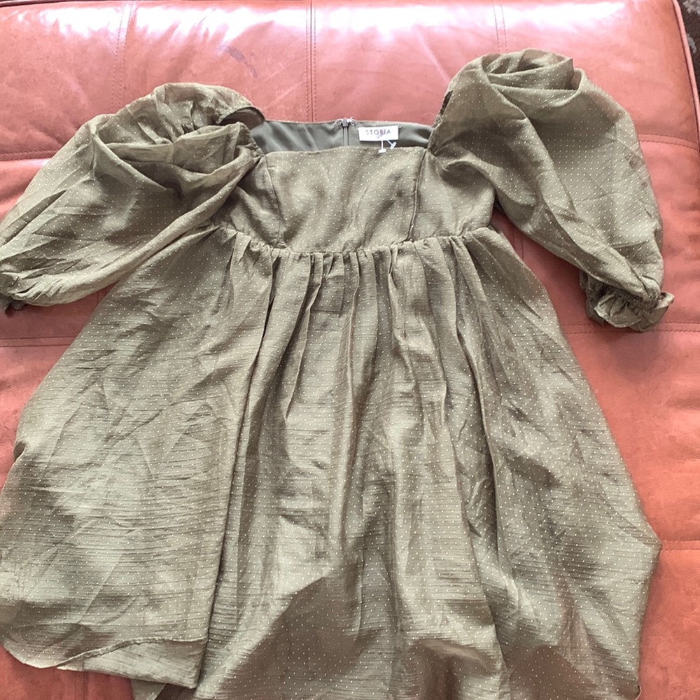 Hunter green babydoll dress, puff sleeves